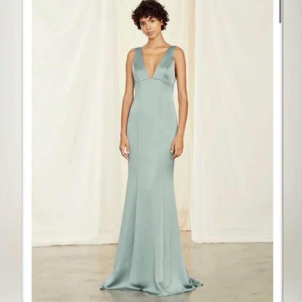 Amsale NWT Jade Green Fluid Satin Leif Sleeveless V-neck Bridesmaids Dress